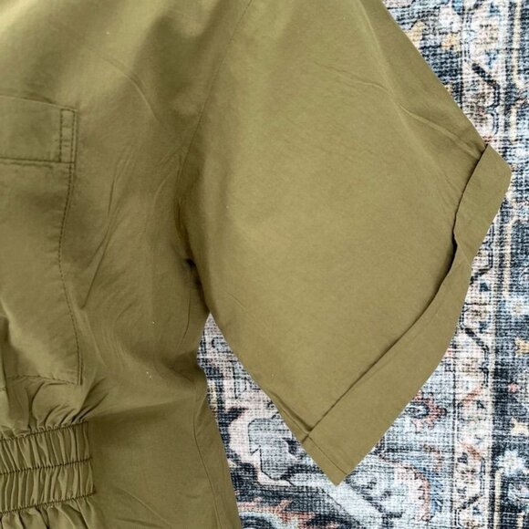Zara Snap Front Dress Size L Elastic Cinch Waist Army Green SHort Sleeve Collar - Picture 3 of 12